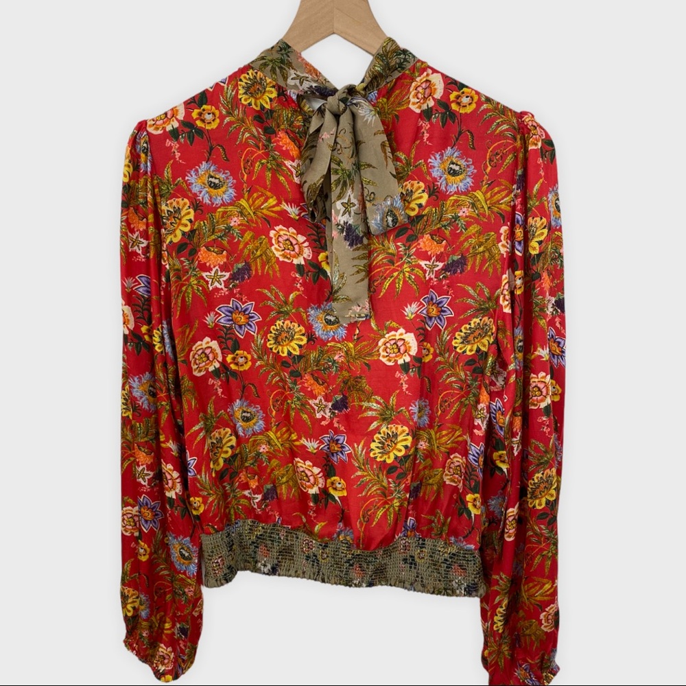 Nikasha Red Floral Toscana Tie Back Peasant Blouse - Picture 1 of 9